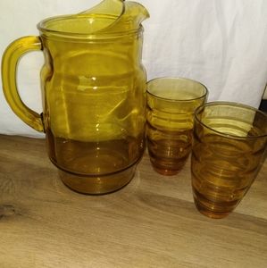 Vintage Amber Glass Pitcher with Set of 2 Glasses